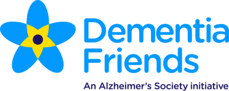 Logo for Dementia Friends featuring a blue star with a yellow centre and text below.